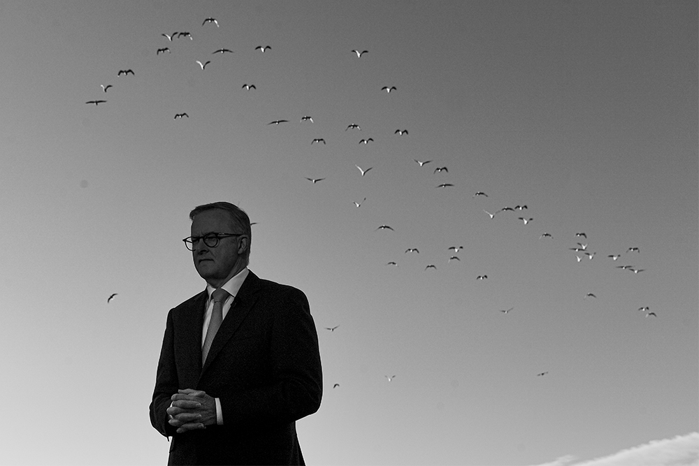 Prime Minister Anthony Albanese in Launceston, April 11 2022 (photograph via AAP/Lukas Coch)